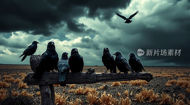 乌云密布下的黑色乌鸦群