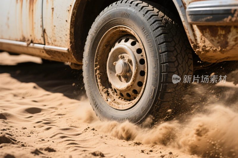 越野车沙地行驶轮胎特写