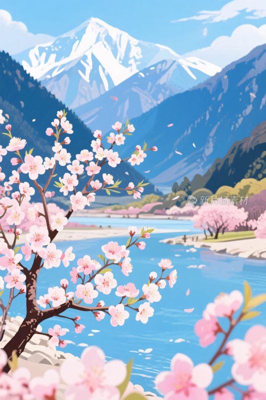 春日山间烂漫桃花与湖景