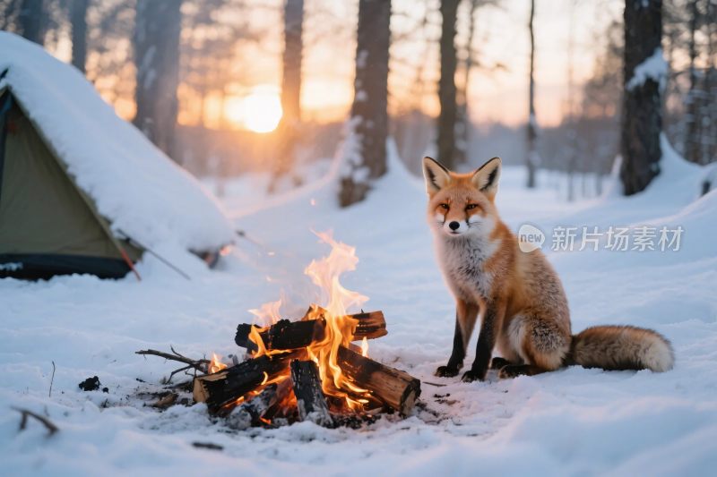 雪地狐狸篝火场景