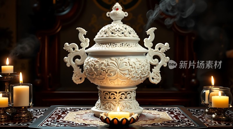 古香古色香炉蜡烛静物图