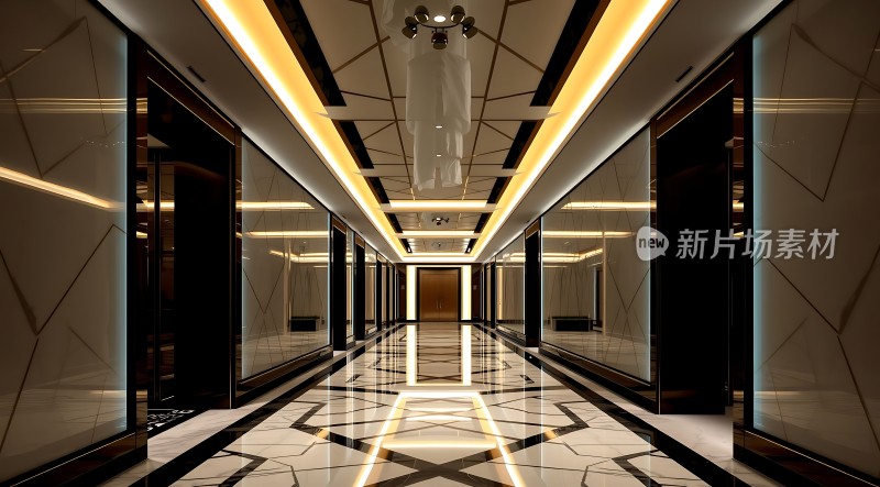 现代奢华走廊黑白几何设计镜面墙与灯光交相辉映