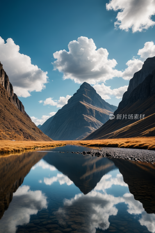 山倒映在天空背景的湖泊中高清风景图片