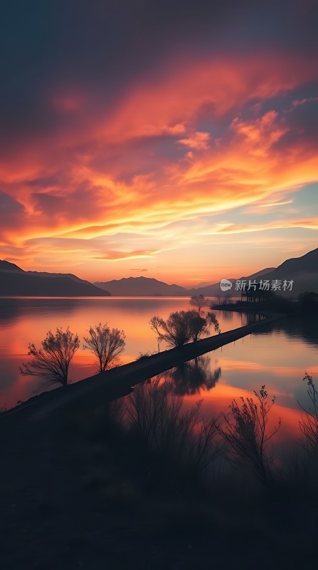 湖畔日落映红霞静谧美景入眼帘