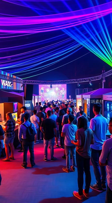 科技展览现场观众聚集灯光璀璨互动体验区热闹非凡