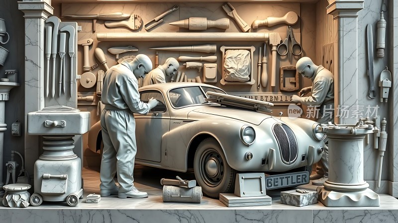 复古车库里的经典汽车维修场景