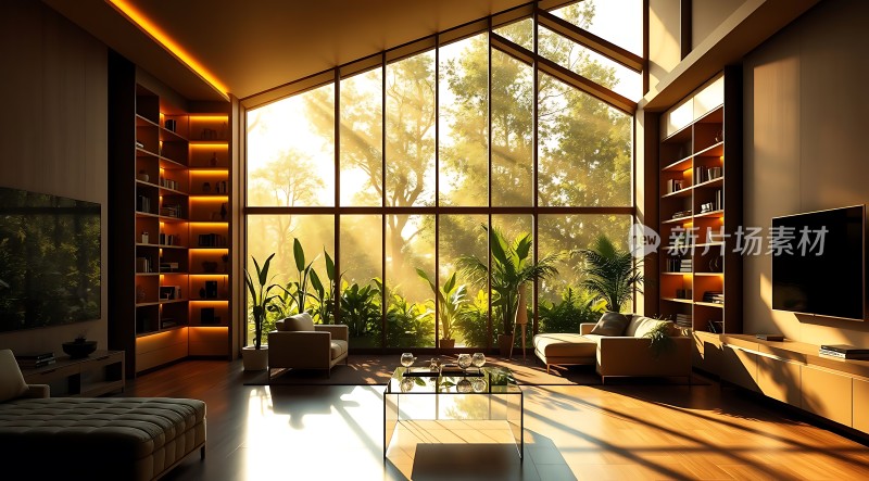 阳光洒满现代客厅绿意盎然的书房
