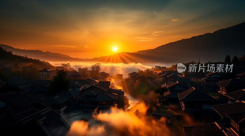 晨曦中的小镇云雾缭绕阳光洒落宁静而美丽