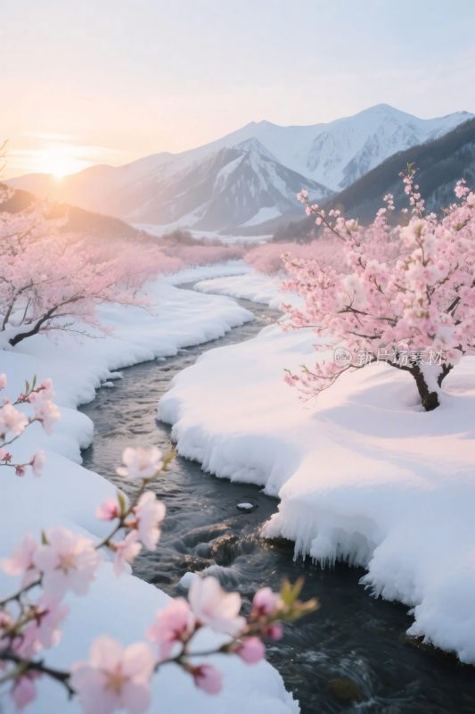 雪景桃花溪流雪山