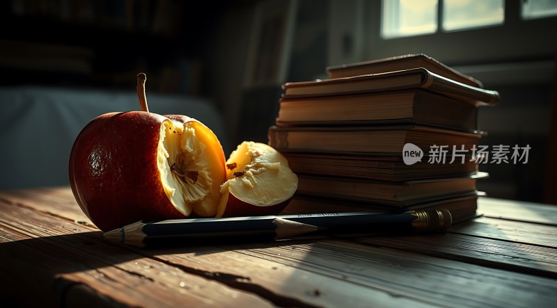 阳光下的苹果与书籍
