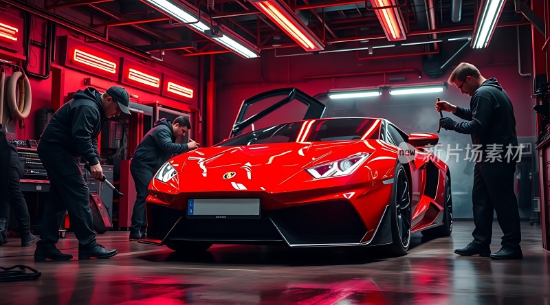红色跑车车间里的维修人员