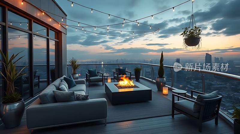 城市天际线下的温馨露台夜晚的休闲时光