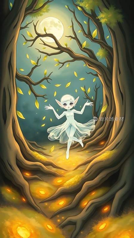 精灵在月光下的森林中起舞