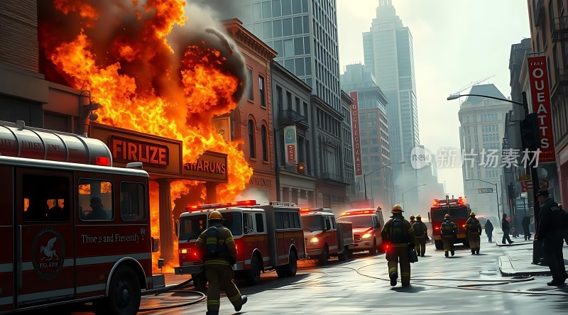 消防员与烈火搏斗的城市火灾现场