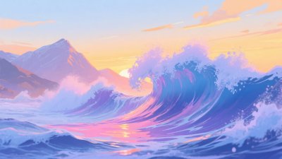 绚丽海上日出与汹涌波浪景观