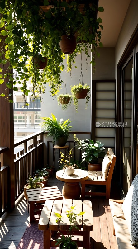 阳光下的阳台绿意盎然