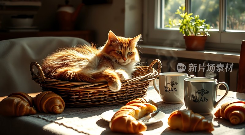 阳光下的慵懒橘猫与美味可口的羊角面包
