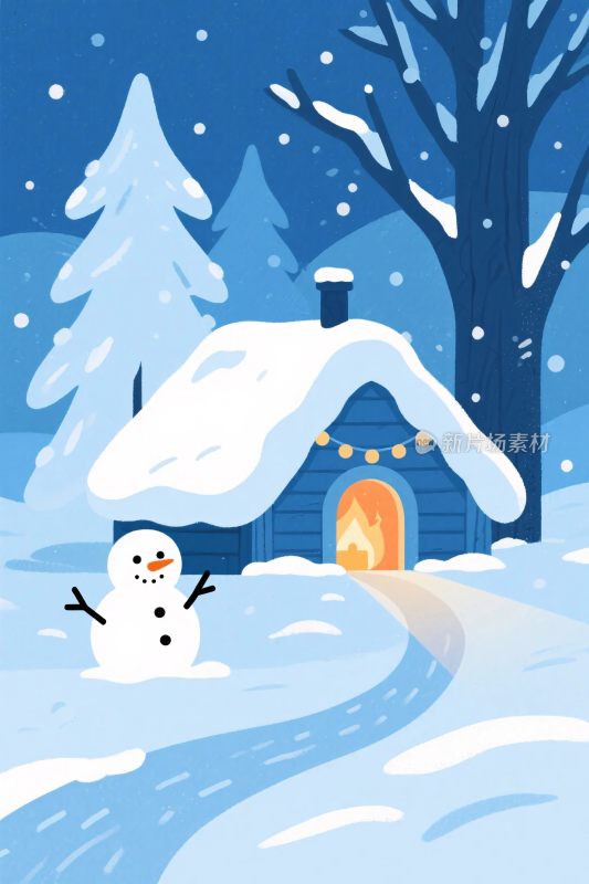 冬日雪景小屋插画