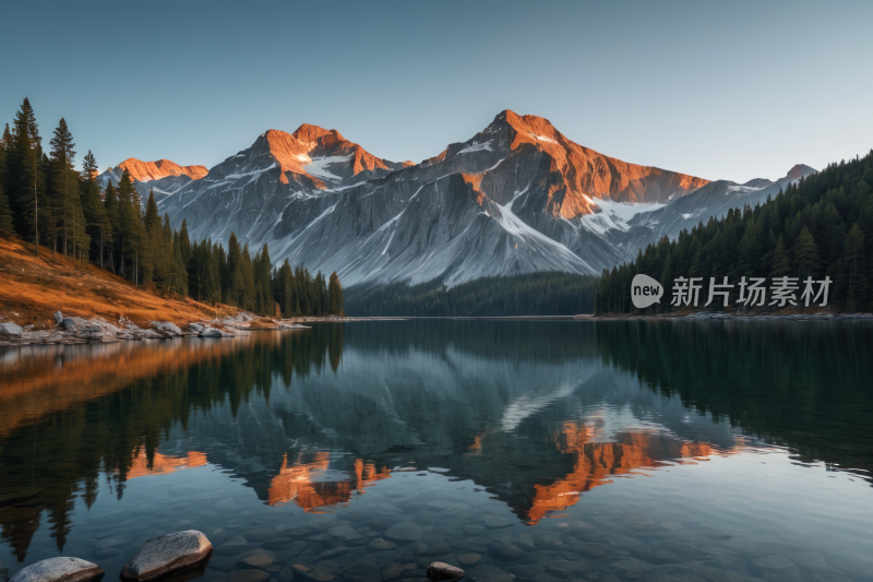 山倒映在有岩石和树木的湖中高清风景图片