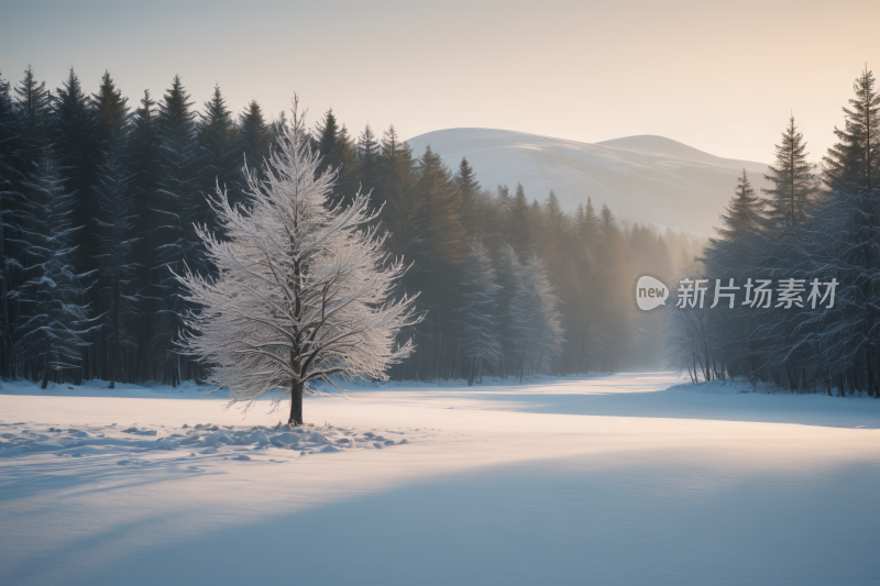 雪景一棵孤树一座高山清风景图片