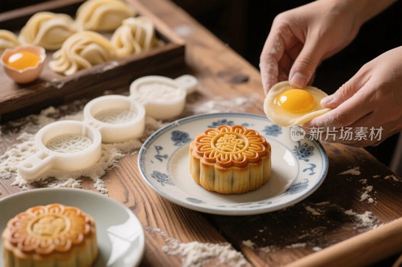 制作蛋黄月饼的手工场景
