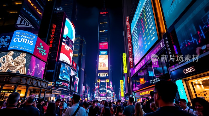 繁华都市夜景霓虹闪烁人群熙攘