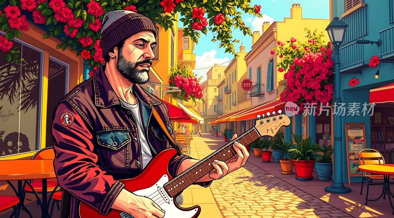 街头吉他手阳光下的音乐梦想