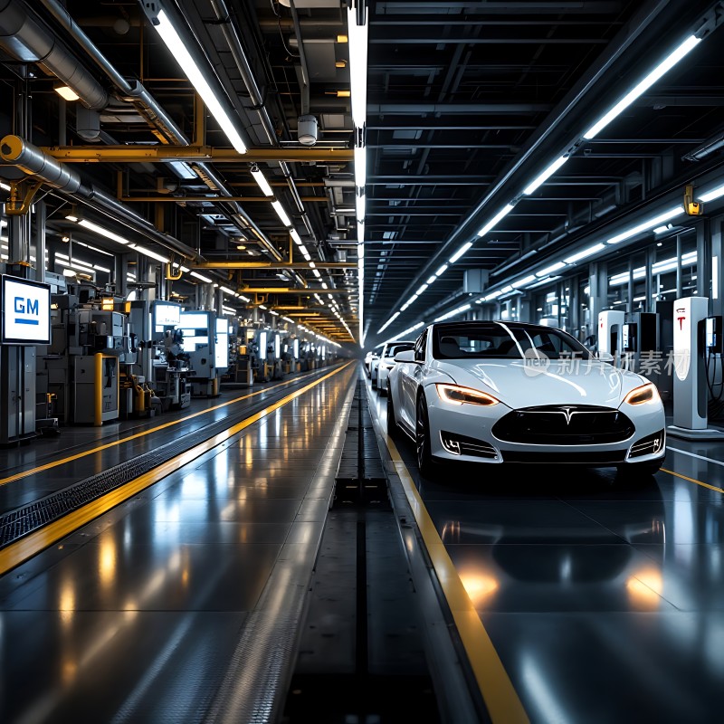 现代工厂生产线上的白色特斯拉汽车