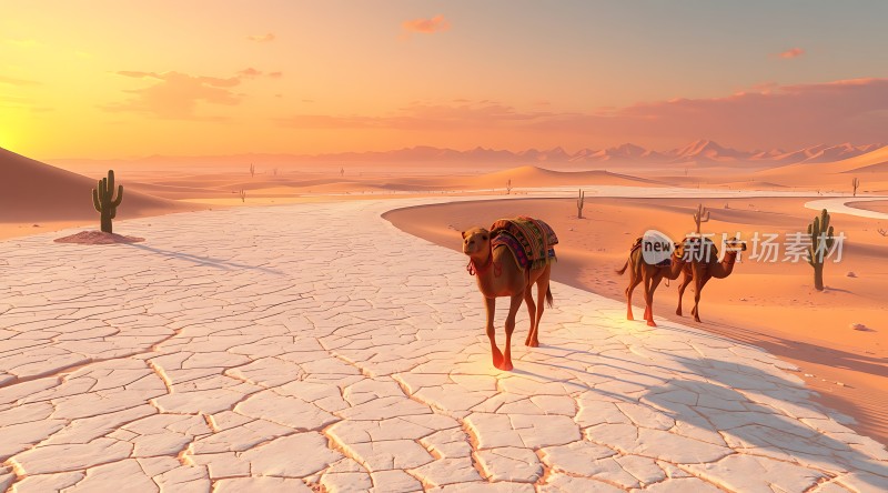 驼队穿越金色沙漠