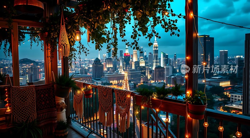 城市夜景下的温馨阳台
