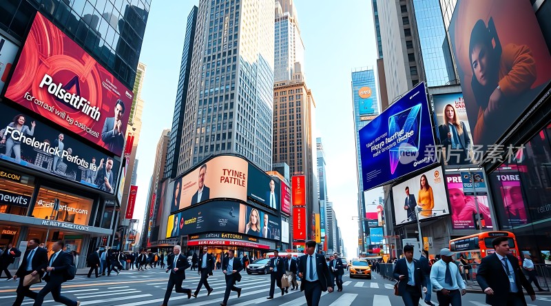 繁华都市街头行人穿梭高楼林立广告牌琳琅满目