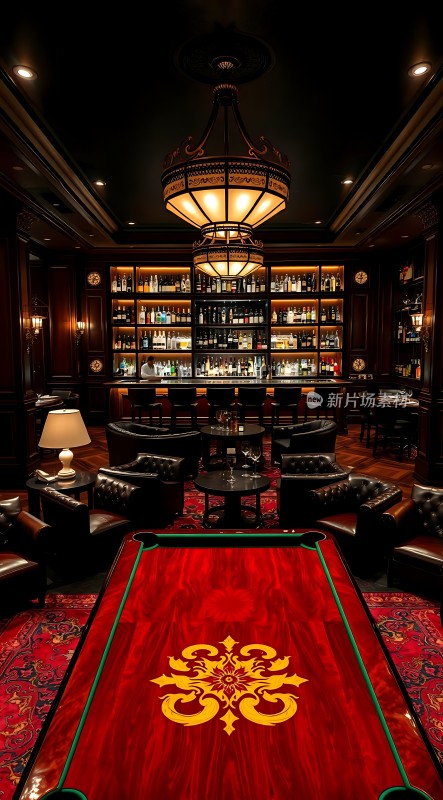 豪华酒吧红木台球桌精美吊灯舒适座椅琳琅满目的酒柜