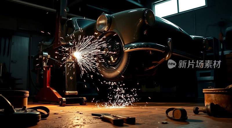 车间里焊接火花四溅经典汽车正在维修中
