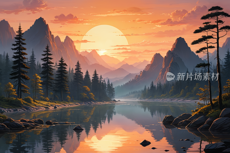 日落山湖高清风景插画图片