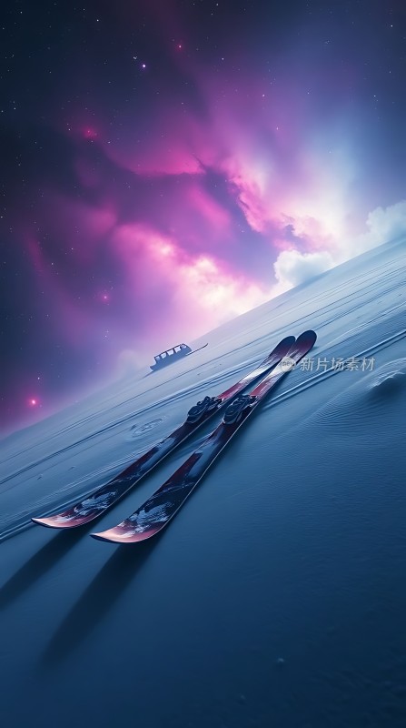 雪地上的滑雪板与星空