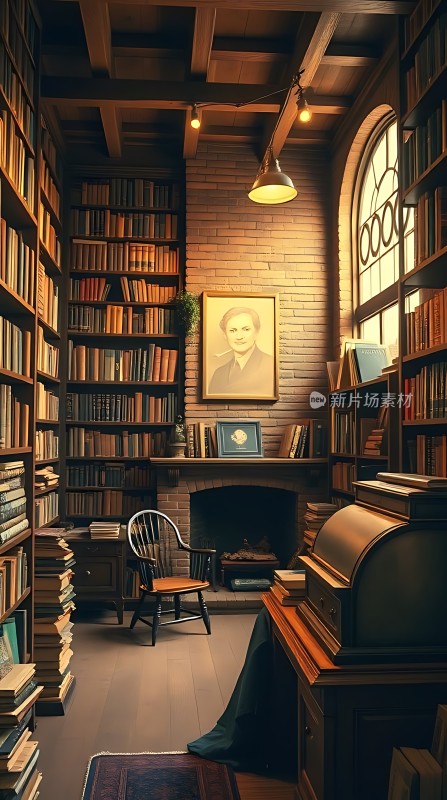 古色古香书房书架、壁炉与肖像画营造温馨氛围