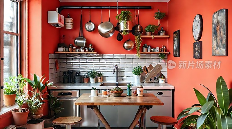 温馨厨房绿植环绕红色墙壁锅具悬挂