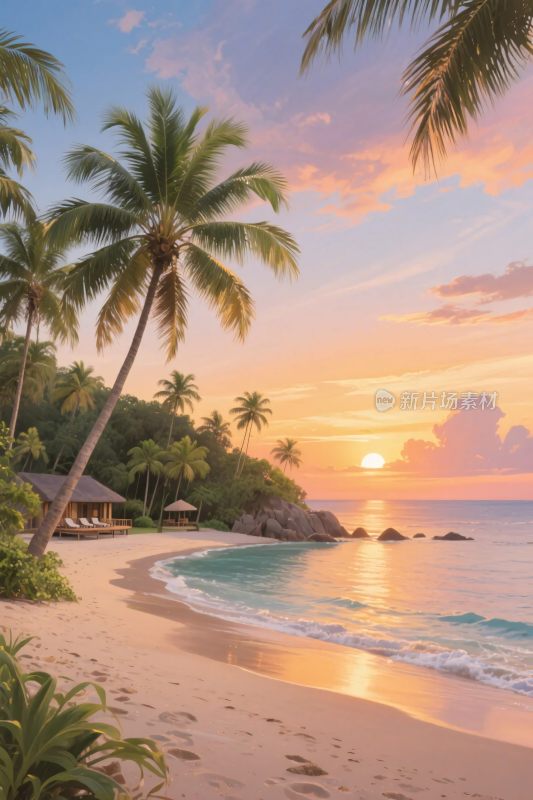 海滩椰林夕阳风景