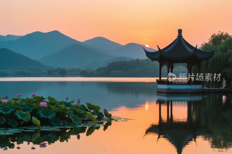 古亭山水夕阳美景