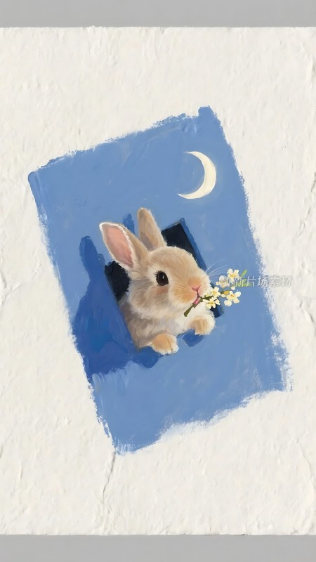 月下探出头的小兔子