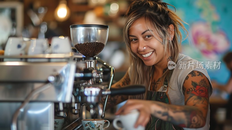 咖啡师微笑着为顾客制作咖啡