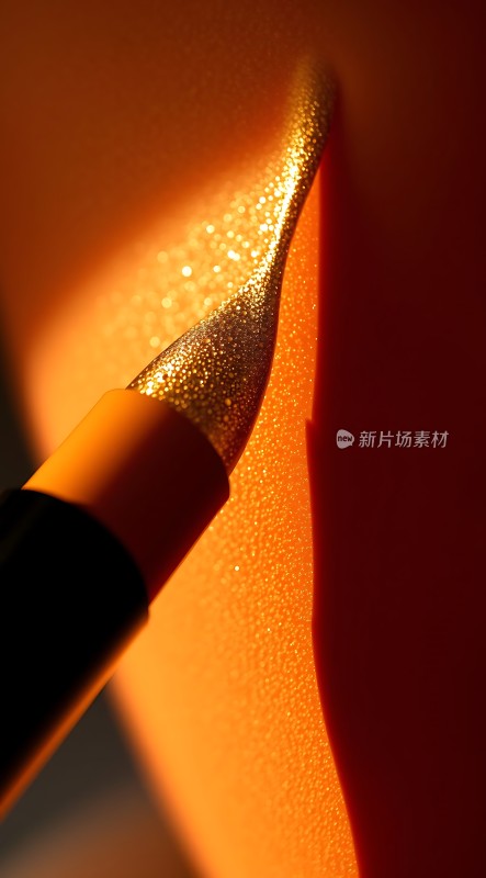 金光闪耀的笔尖在橙红背景上的光影效果