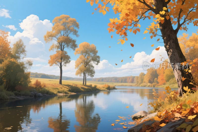 秋季河景风景插画