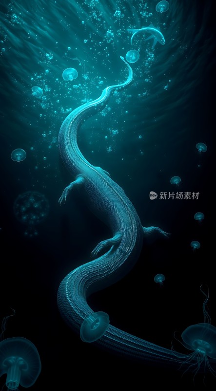 深海巨蟒与水母共舞