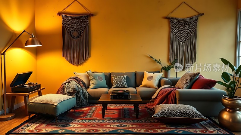 温馨客厅舒适沙发复古唱片机精美地毯艺术挂饰