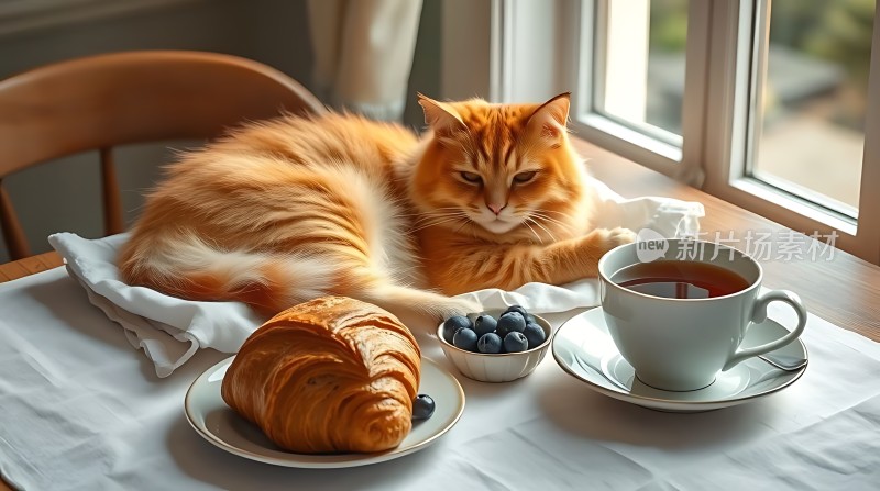 阳光下的慵懒橘猫与美味早餐