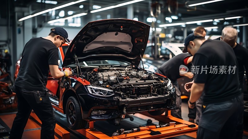车间内几位工人正在检查一辆黑色汽车