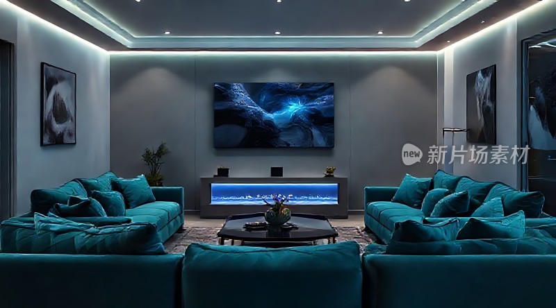 现代客厅设计蓝绿色沙发与艺术装饰画相得益彰