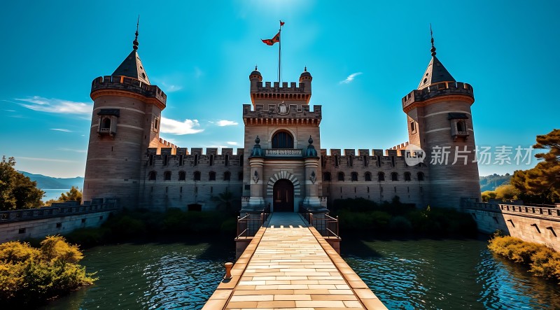 湖畔古堡神秘城堡湖水倒影阳光明媚