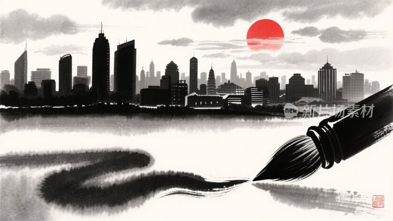 水墨笔触绘城市与红日景象